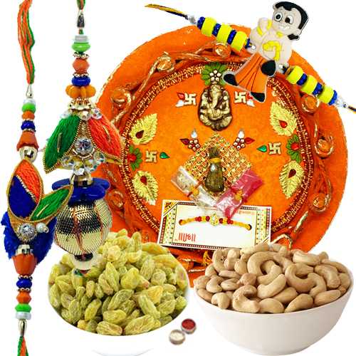 Ultimate Combo of 2 Rakhi N 1 Kid Rakhi, Rakhi Thali, Raisins N Cashew Ultimate Combo of 2 Rakhi N 1 Kid Rakhi, Rakhi Thali, Raisins N Cashew
