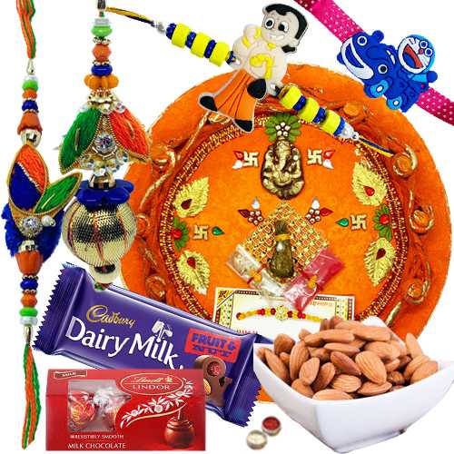 Striking Combo of Family Rakhi Set With Rakhi Thali, Almonds, Cadbury N Lindt Chocolate Striking Combo of Family Rakhi Set With Rakhi Thali, Almonds, Cadbury N Lindt Chocolate