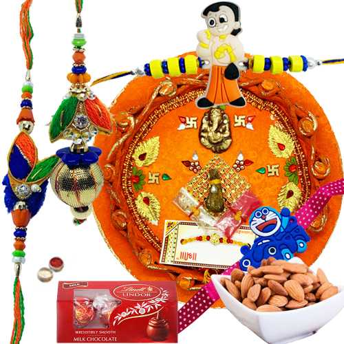All in One Combo Of Family Rakhi Set With Rakhi Thali, Almonds N Lindt Chocolate All in One Combo Of Family Rakhi Set With Rakhi Thali, Almonds N Lindt Chocolate