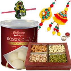 Elegant Bhaiya Bhabhi Rakhi Set, Mix dry fruits Kid Rakhi And Haldiram Rasgulla Elegant Bhaiya Bhabhi Rakhi Set, Mix dry fruits Kid Rakhi And Haldiram Rasgulla