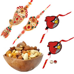 Majestic Bhaiya Bhabhi Rakhi Set, 2 Kid Rakhi And Mixed Dry Fruits Majestic Bhaiya Bhabhi Rakhi Set, 2 Kid Rakhi And Mixed Dry Fruits