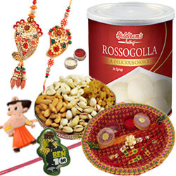 Charming Combo Of Bhaiya Bhabhi Rakhi Set, 2 Kid Rakhi, Mixed Dry Fruits, Haldiram Rasgulla And Pooja Thali. Charming Combo Of Bhaiya Bhabhi Rakhi Set, 2 Kid Rakhi, Mixed Dry Fruits, Haldiram Rasgulla And Pooja Thali.