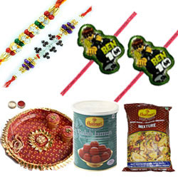 Mesmerizing Combo Of Fetching Bhaiya Rakhi, Kids Rakhi, Haldirams Mixture, Gulab Jamun and Pooja Thali Mesmerizing Combo Of Fetching Bhaiya Rakhi, Kids Rakhi, Haldirams Mixture, Gulab Jamun and Pooja Thali