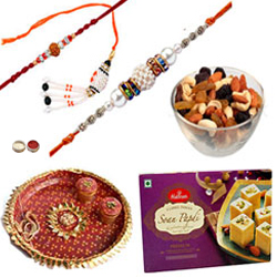 Beautifying Bhaiya Rakhis, Bhabhi Rakhi, Mixed Dry Fruits, Haldiram Soan Papdi And Pooja Thali Beautifying Bhaiya Rakhis, Bhabhi Rakhi, Mixed Dry Fruits, Haldiram Soan Papdi And Pooja Thali
