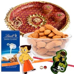Perfect Combination Of Kids Rakhi, Thali, Lindt Swiss Classic Milk Chocolate & Almond Bar And Almond Perfect Combination Of Kids Rakhi, Thali, Lindt Swiss Classic Milk Chocolate & Almond Bar And Almond