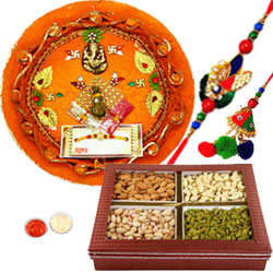 Attractive Bhaiya Bhabhi Rakhi, Dry Fruits & Pooja Thali Attractive Bhaiya Bhabhi Rakhi, Dry Fruits & Pooja Thali