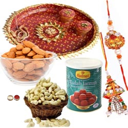Captivating Combo Of Bhaiya Rakhi With Pooja Thali, Almond, Cashew And Haldiram Gulab Jamun Captivating Combo Of Bhaiya Rakhi With Pooja Thali, Almond, Cashew And Haldiram Gulab Jamun