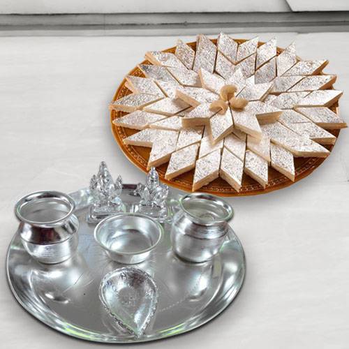 Silver plated Puja Thali with Silver Plated Lakshmi Ganesha with Haldiram’s Kaju Katli Silver plated Puja Thali with Silver Plated Lakshmi Ganesha with Haldiram’s Kaju Katli