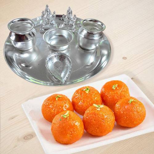 Silver plated Puja Thali with Silver Plated Lakshmi Ganesha with Haldiram’s Pure Ghee Ladoo Silver plated Puja Thali with Silver Plated Lakshmi Ganesha with Haldiram’s Pure Ghee Ladoo
