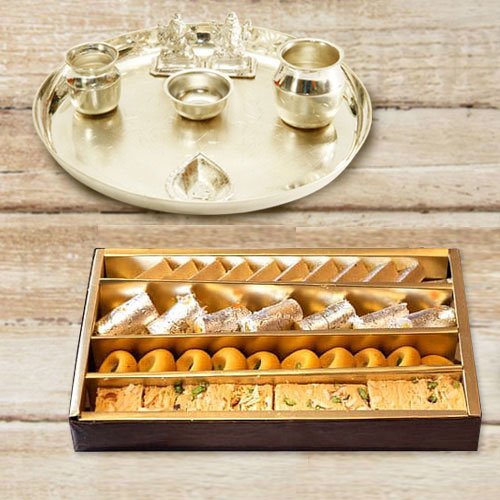 Silver plated Puja Thali with Silver Plated Lakshmi Ganesha with Haldiram’s Assorted Sweets Silver plated Puja Thali with Silver Plated Lakshmi Ganesha with Haldiram’s Assorted Sweets