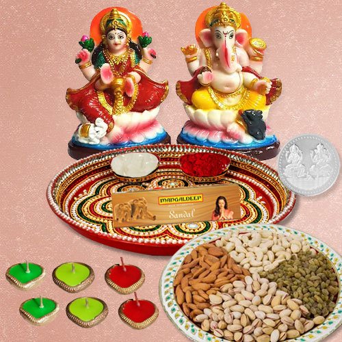 Laxmi Pooja Complete Hamper with Dry Fruits with free silver plated coin for Diwali Laxmi Pooja Complete Hamper with Dry Fruits with free silver plated coin for Diwali