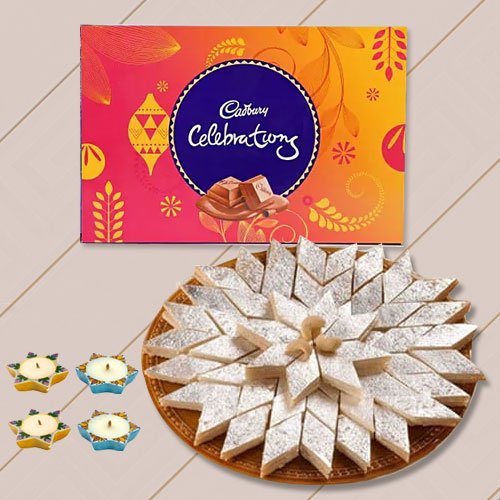 500 Gms. Kaju Katli , Cadburys Celebration Pack, 4 Wax Diya 500 Gms. Kaju Katli , Cadburys Celebration Pack, 4 Wax Diya