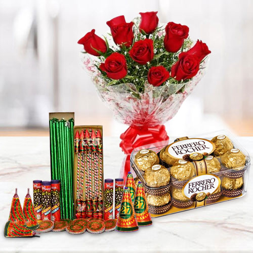 Marvelous Combo of 16 Pcs Ferrero Rocher, 10 Pcs Red Rose Bunch and Crackers Marvelous Combo of 16 Pcs Ferrero Rocher, 10 Pcs Red Rose Bunch and Crackers