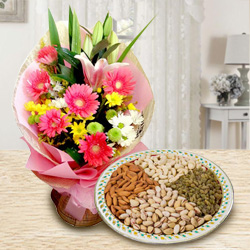 Radiant Seasonal Flowers with Dry Fruits...