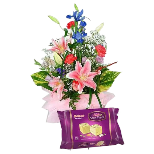 Seasonal flowers bouquet with Soan papri...