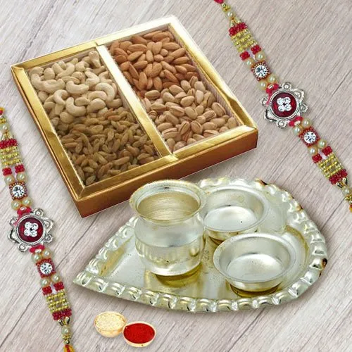 Beautiful Rakhi Set with Dry Fruits n Silver Plated Paan Shape Thali