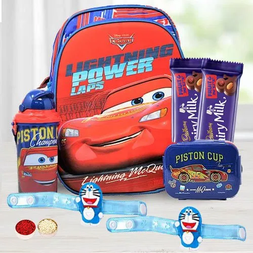 Stylish Doremon Rakhi, Dairy Milk Chocolate N Kid’s Backpack Set