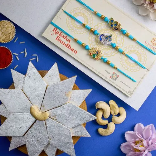 Beautiful Peacock Rakhi Set N Kaju Katli Treat