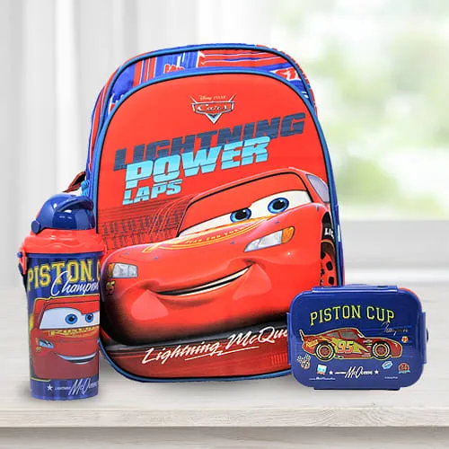 Buy amazing cars backpack with lunch box n water bottle in Mumbai, Free  Shipping - MumbaiOnlineFlorists
