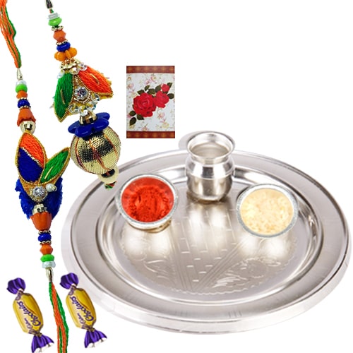 Wholesome Affection of 2 Chocos with Silver Thali and Bhaiya Bhabhi Rakhi Wholesome Affection of 2 Chocos with Silver Thali and Bhaiya Bhabhi Rakhi